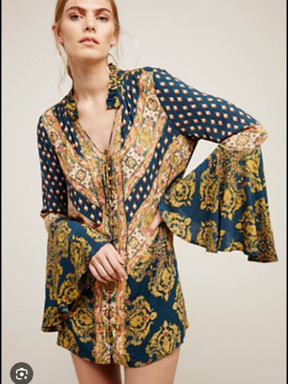 Free‎ People Mixed Floral Blouse in Navy and Mustard